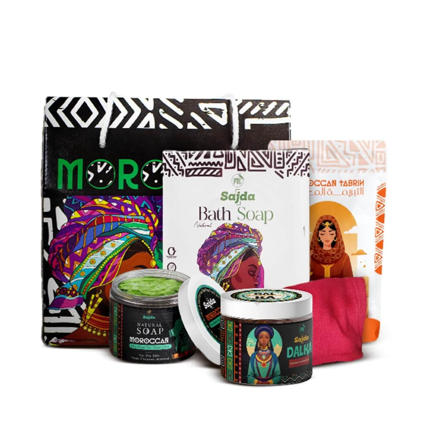 الروتين الملكي المغربي المجموعة الكاملة ( صابون مغربي+ دلكة +  ليفة مغربية + التبريمة المغربية )